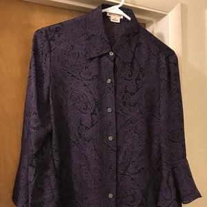Michael Kors Purple and Black Paisley Silk Blouse with Flutter Sleeve